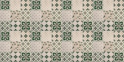 Old beige green seamless flowers leaves vintage geometric shabby mosaic ornate patchwork motif porcelain stoneware tiles, square mosaic stone concrete cement tile wall texture background