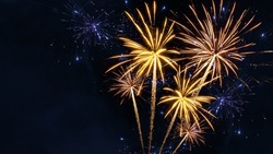 Sylvester, happy new year, new year's eve 2023 background banner - Golden firework fireworks pyrotechnics on dark black night sky