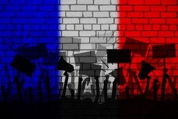 Protests in France. Silhouette of group of people protesting with a flag of France as a background