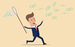 Businessman with a butterfly net trying to catch money. Happy running entrepreneur man using business opportunity to scoop some dollar bills.  vector illustration