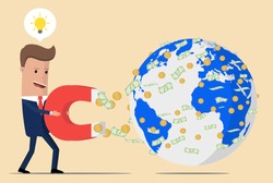 Businessman using a magnet attract money from around the world. Business concept. Vector illustration