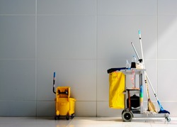 Cleaning Cart in the  station.Cleaning cart with wall background.cleaning cart copy space 