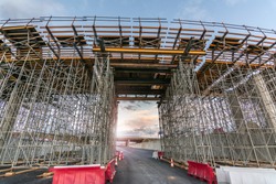 Construction of a bridge with scaffolding