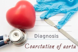 Diagnosis Coarctation of Aorta. Figure heart, stethoscope, surgical scalpel and gloves are near title Coarctation of Aorta. Concept for diagnotics of congenital disease and its surgical treatment