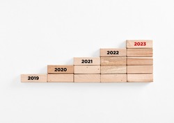The year 2023 at the top of the ascending wooden ladder. Business timeline, growth and improvement over time concept.