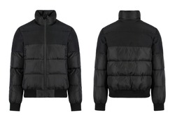 Blank men's winter jacket black color in front and back view on white background for mockup template