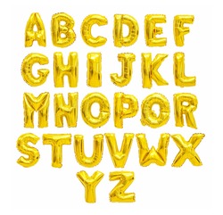English alphabet from yellow (Golden) balloons on a white background. holidays and education