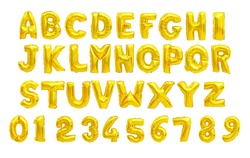 English alphabet and numerals from yellow (Golden) balloons on a white background. holidays and education