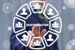 Concept of investigation. Investigations Business Finance. Investigator using virtual touch screen with people icons touch investigation word.