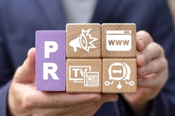 Concept of PR Public Relations. Marketing campaign. Announcements through mass media to advertise your business. Management and marketing strategy.
