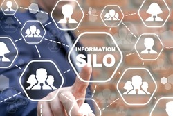 Concept of information silo. Disparate big data storage, communicaton and processing. Shattered redundancy inefficiency of information repositories and silos.