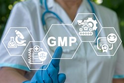 GMP Good Manufacturing Practice Medical Pharmacy Сoncept. Quality Control Standards Medicines, Pharmacological Drugs Production.