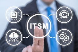 Businessman using virtual touchscreen presses abbreviation: ITSM. Information Technology Service Management (ITSM) Concept. IT service management and business.