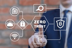 Businessman using virtual touch screen presses inscription: ZERO TRUST. Concept of zero trust security network.