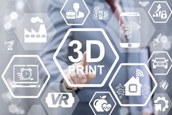 3d printing business industrial medicine concept. Businessman touched threedimensional print word on virtual screen. Three-dimensional printer, development house, car, industry, medical technology