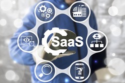 SAAS Computing IOT Industry 4.0 Development Concept. Industrial worker touched gear SaaS icon on virtual screen. Software as a service in manufacturing.