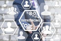 Outsourcing Service Workforce Manpower Freelance Outsource International Partnership Branch Office Global Business Industry Concept. Man touched icon outsourcing text on virtual screen.