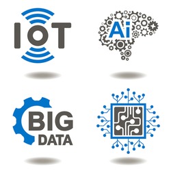 IOT AI BIG DATA MICROCHIP Vector Icon Set. Internet of things Artificial Intelligence Data Micro Circuit Information Technology Illusration. Innovative Technologies Graphic Signs.