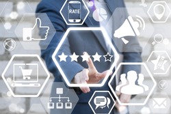 Ranking, Quality Rating, Performance Review, Evaluation, Feedback, Favorite and Classification concept. Businessman using virtual interface presses ranking four out of five stars button.