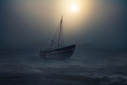 Sailboat in the sea floats in the moonlight, thick fog descended on the water after the storm. Fantasy landscape.