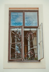 an old window with unusual window grill. Czech Republic, Prague