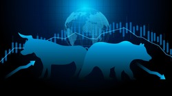 Stock market and exchange of world. Bull Market Vs. Bear Market . Candle stick graph chart of stock market investment trading. blue background. Vector.
