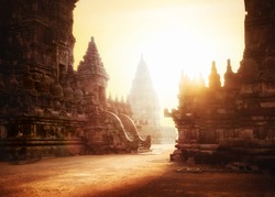 Amazing sunrise at Prambanan Temple. Great Hindu architecture in Yogyakarta. Java island, Indonesia