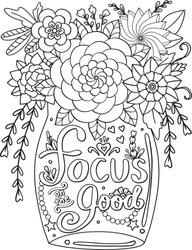 Focus on the good font with flower vase element for Valentine's day or Love Cards. Hand drawn with inspiration word. Coloring for adult and kids. Vector Illustration. 