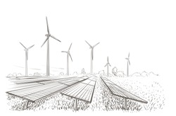Alternative sources of energy(wind, solar) hand drawn sketch. Vector.