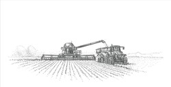 Combine Harvester and tractor working in field illustration. Vector.