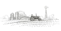 Farmer driving a tractor in the field near the farm hand drawn illustration. Vector. 