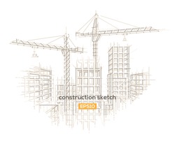 Construction site architectural sketch drawing. Vector, layered. 