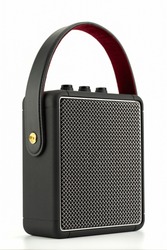 Retro-style Bluetooth speakers with volume keys and a sturdy metal grille. On a white background