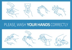 Please, wash your hands correctly. Informational poster. Vector illustration of Handwashing. Hands soaping and rinsing