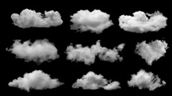 White clouds collection isolated on black background, cloud set on black