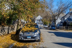 Fallen autumn leaves and parked car in Brighton, MA, USA