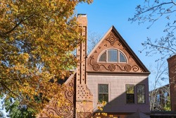 Renovated old house facade featuring exceptional decorative effects, Brookline, Massachusetts, USA