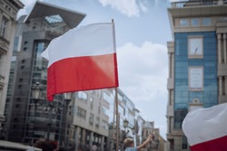 Polish flags supporting President Andrzej Duda during the re-election campaign.