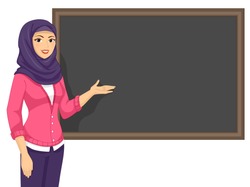 Illustration of a Muslim Girl Teacher Presenting Her Lesson in the Blackboard