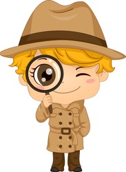Illustration of a Kid Boy Wearing Detective Costume with Brown Hat, Trench Coat and Magnifying Glass
