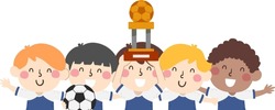Illustration of Kid Boys Soccer Team Holding a Ball, Celebrating and Lifting Up a Trophy