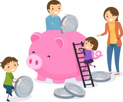 Stickman Illustration of a Family Dropping Giant Coins Into a Giant Piggy Bank Together