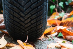 Close up of brand new all weather car tire on wet asphalt covered in yellow autumn season leaves. Preparing vehicle for a winter concept. 