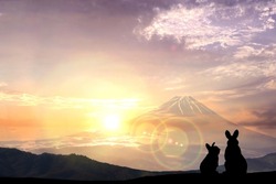 New Year's card-rabbit parent and child silhouette and Mt. Fuji and the first sunrise