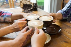 Drink coffee enjoy with friend by latte art coffee and people meeting friendship togetherness coffee shop concept.