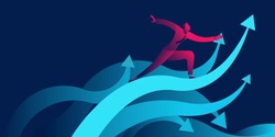 businessman surfing on waves as upward arrow. success, achievement, increase profit, growth business concept in red and blue neon gradients