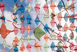Colorful Kites in blue sky , Summer Festival in Thailand
