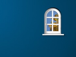 round arch window and blue wall