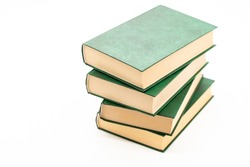  Books stack with green covers on a white background.Reading of books..Reading and education. Literature and reading concept. 