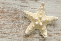  starfish on white shabby chic board background.Summer nautical decor.Background in a marine style